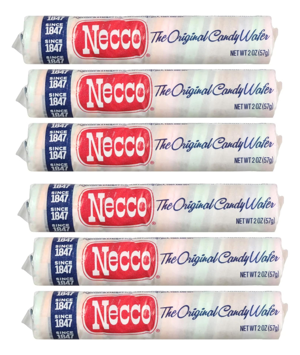 Necco front packaging showing six 2-ounce wafer rolls brand nostalgia