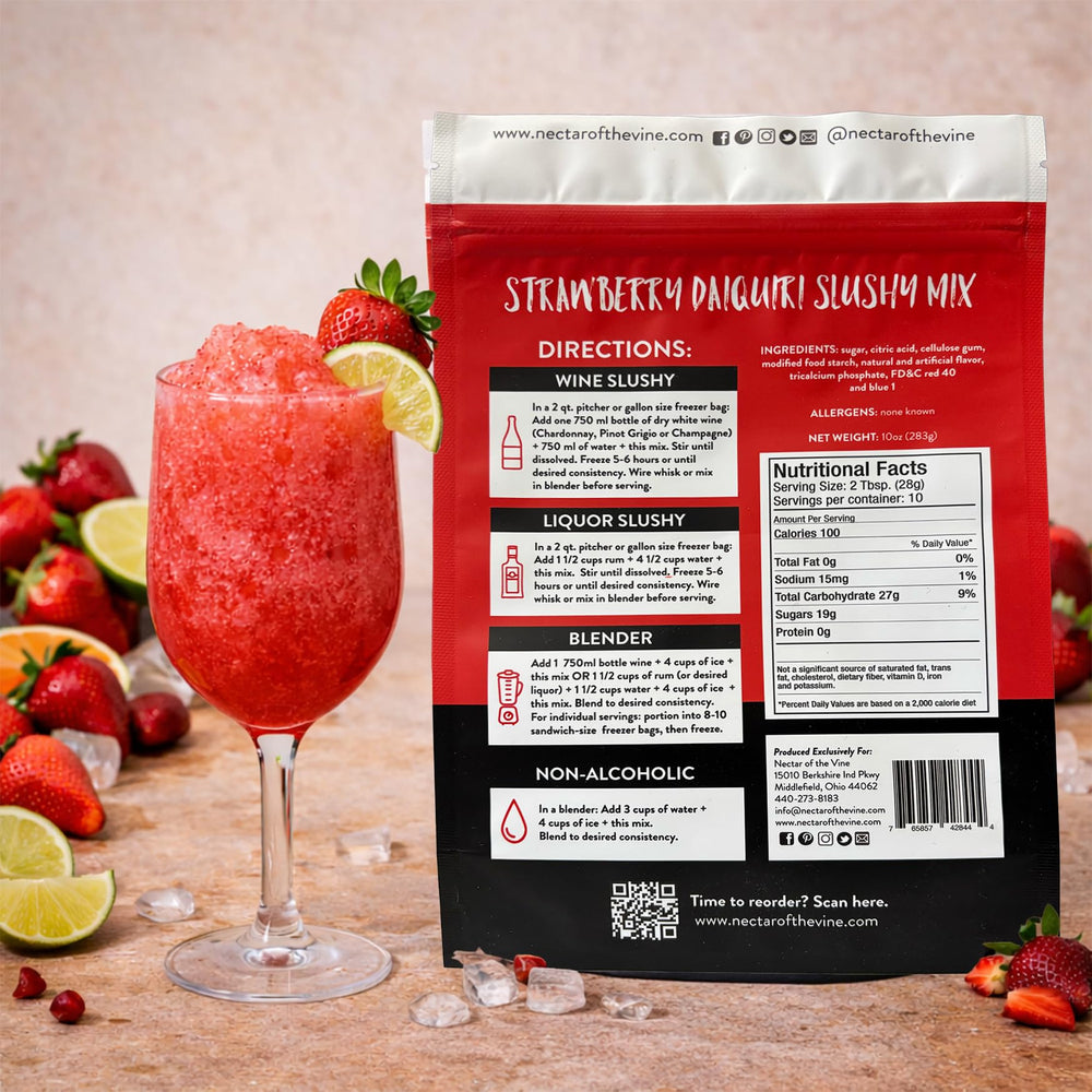 Nectar of the Vine strawberry slush served in a glass illustrating refreshing party-ready result