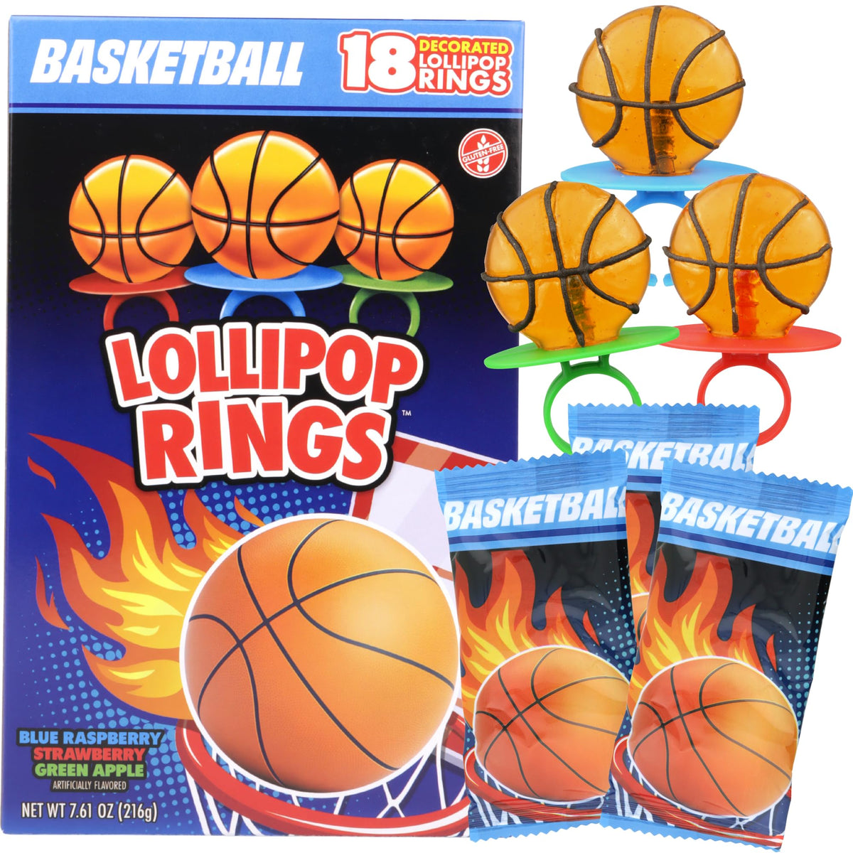 Needzo front packaging showing 18 basketball lollipop rings and festive design