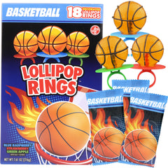 Needzo front packaging showing 18 basketball lollipop rings and festive design