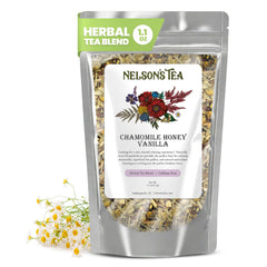 Nelson's Tea front packaging showing chamomile honey vanilla and product details, inviting choice