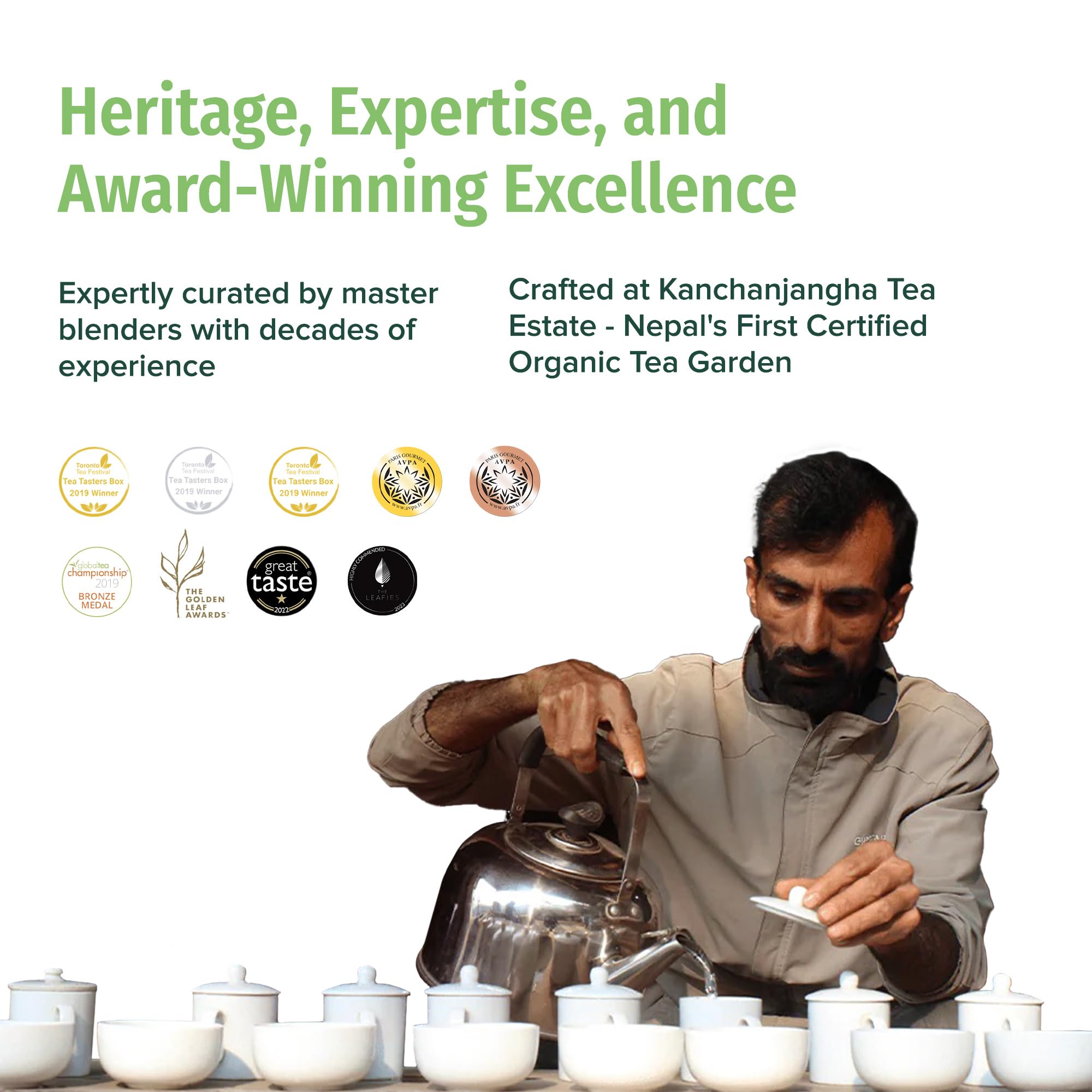 Nepal Tea label close-up with USDA organic and B Corp certifications benefit