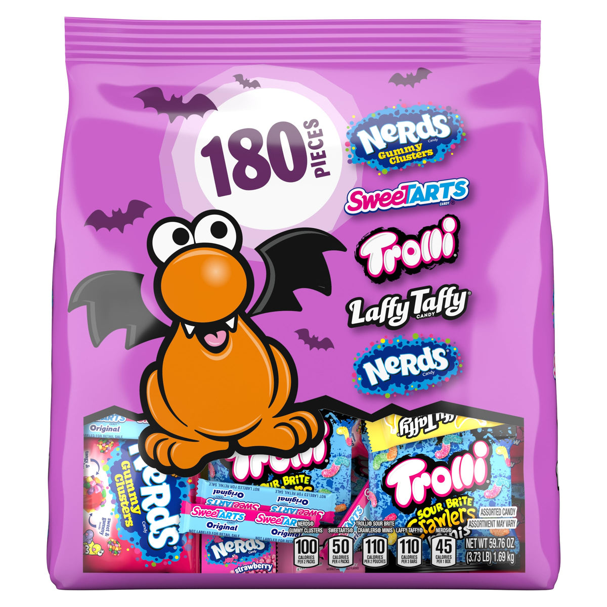 Nerds front packaging showing Halloween variety bag and easy distribution