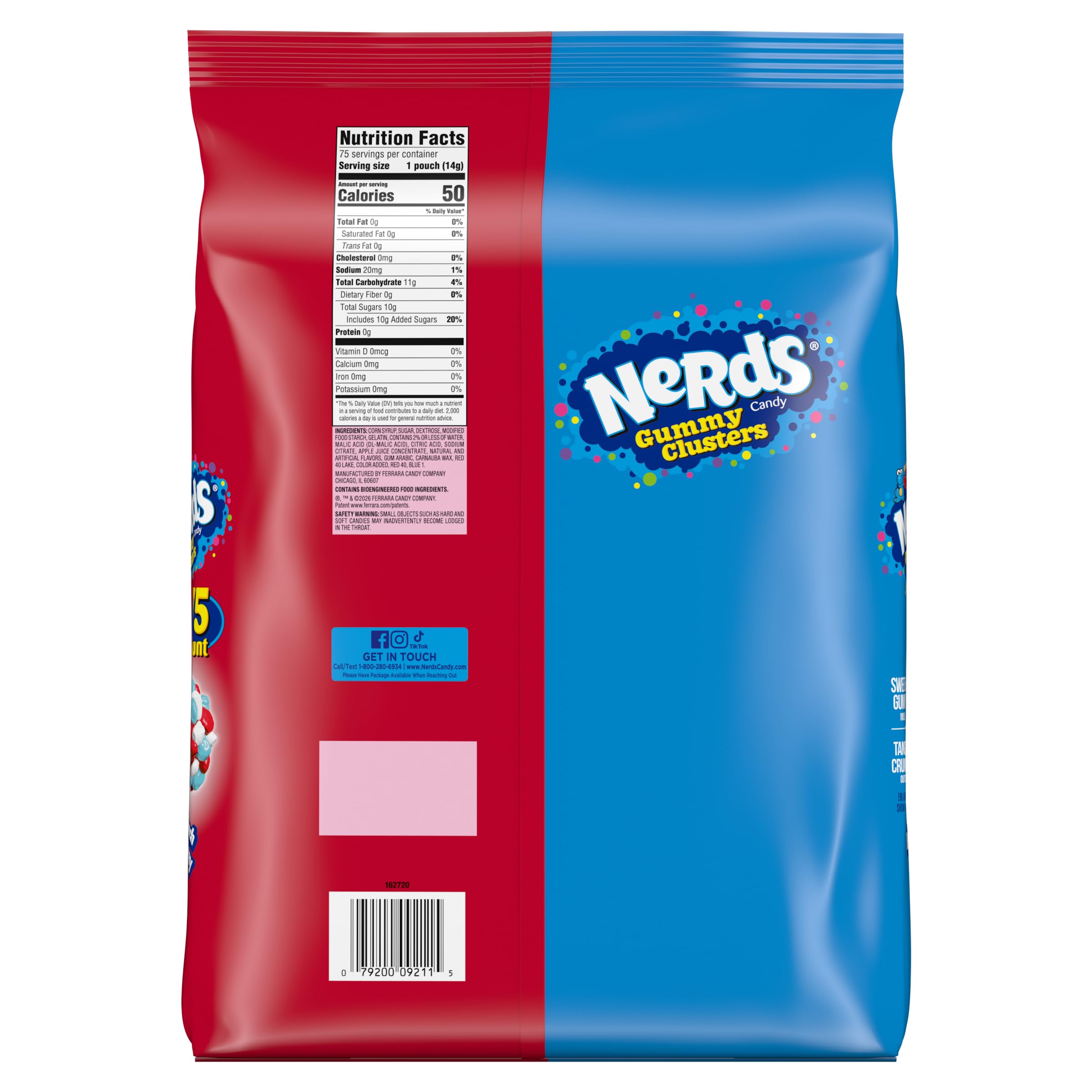 NERDS gummy clusters label and nutrition panel showing brand information and ingredient clarity