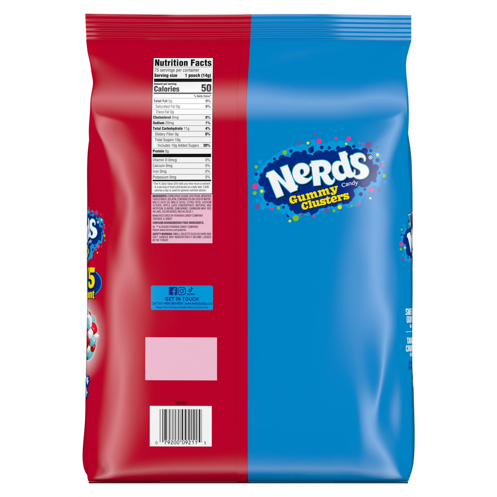 NERDS gummy clusters label and nutrition panel showing brand information and ingredient clarity