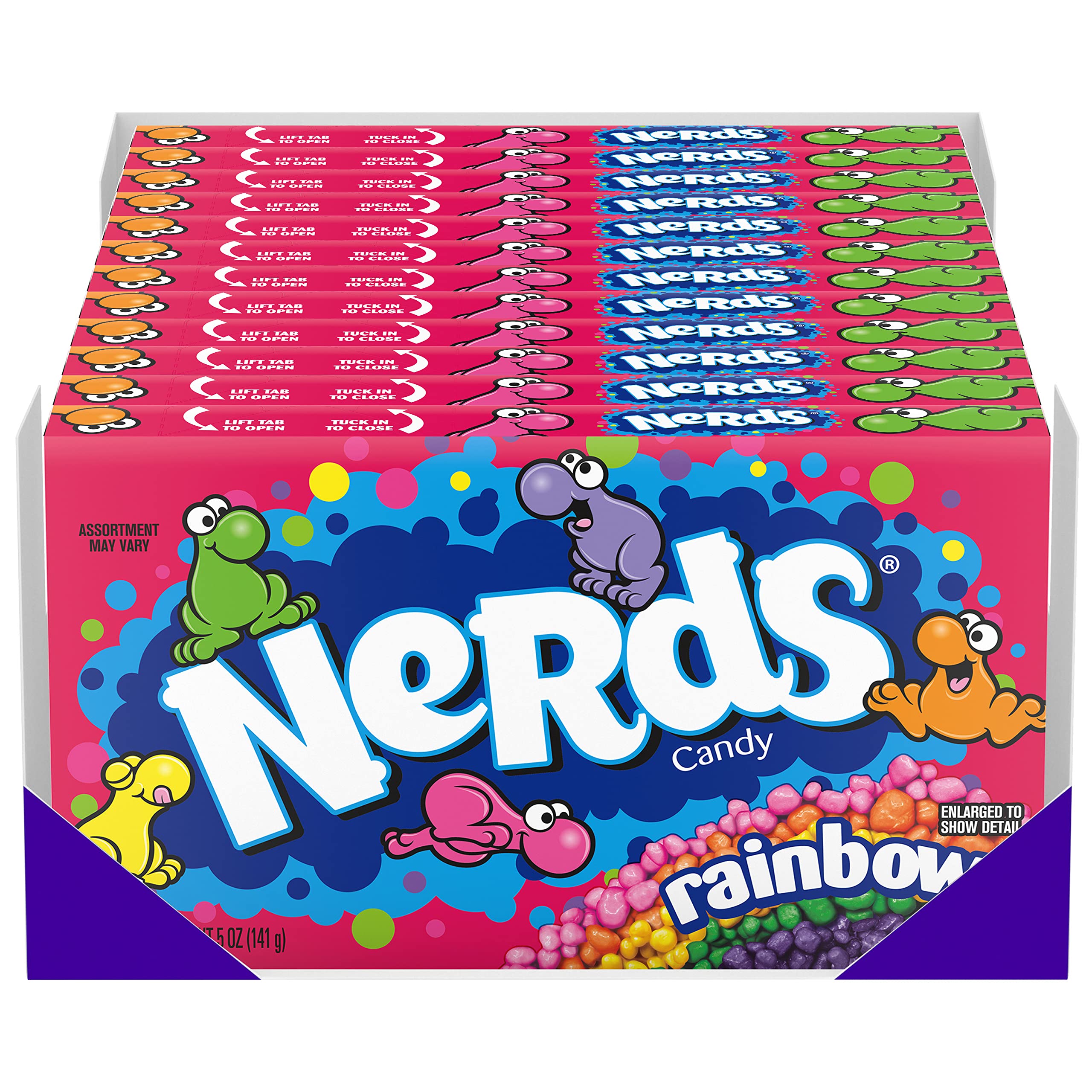 NERDS front packaging theater box showing colorful rainbow mix and easy grab