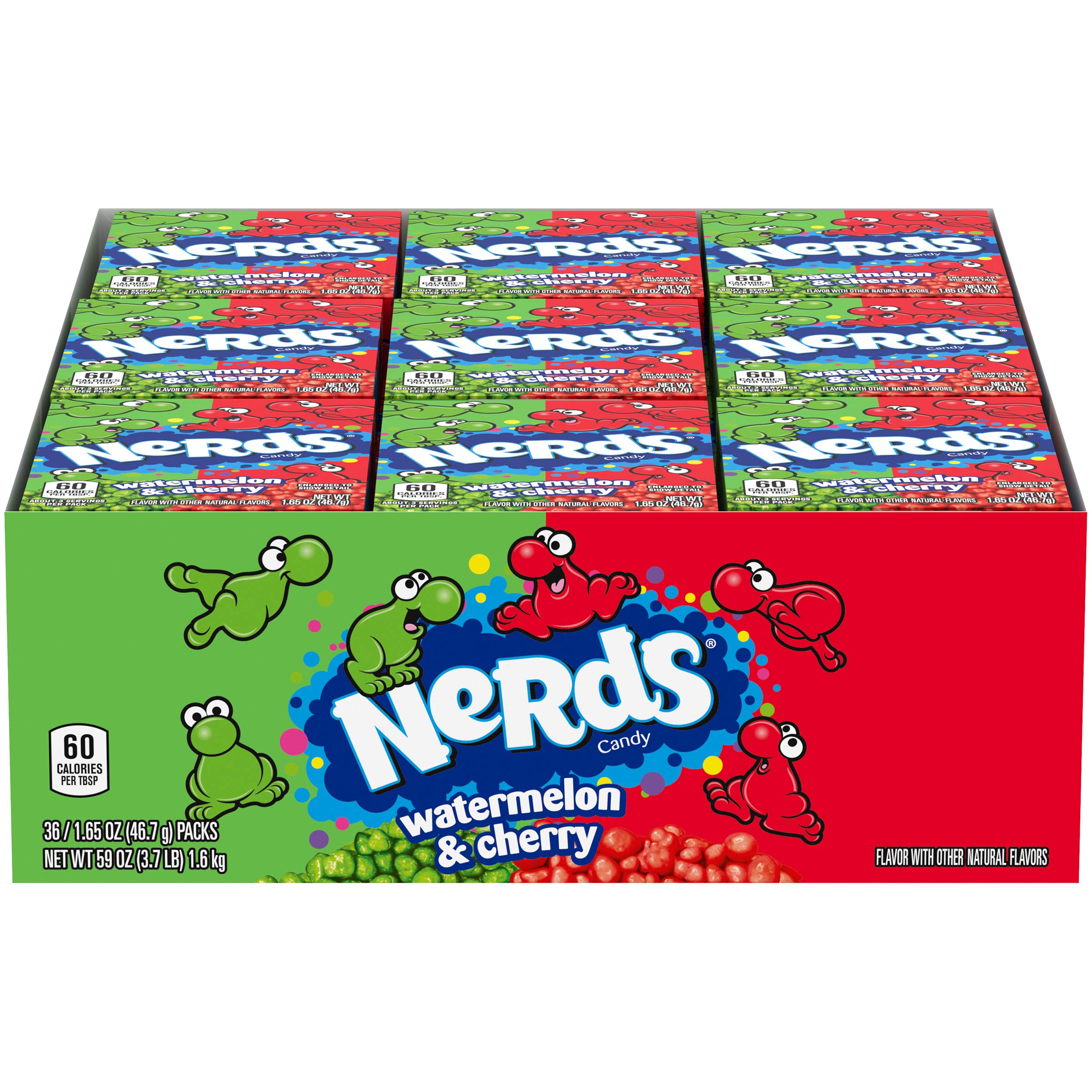 NERDS front packaging showing watermelon and wild cherry for clear flavor choice and convenience