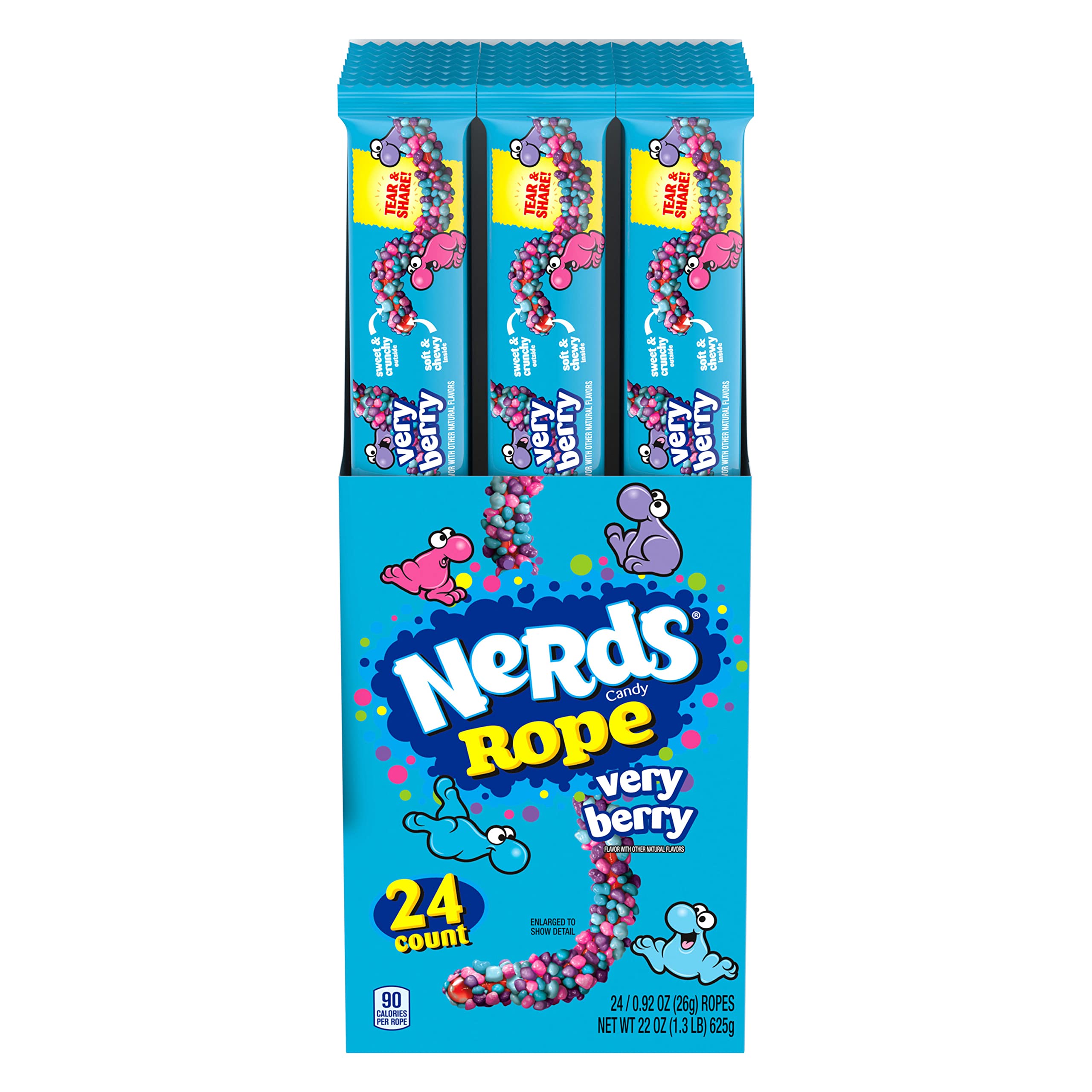 NERDS brand front packaging showing colorful very berry ropes and flavor lineup