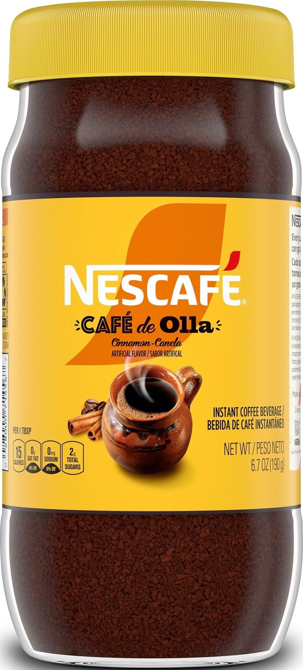 Nescafé jar front packaging showing cinnamon coffee and clear label benefit