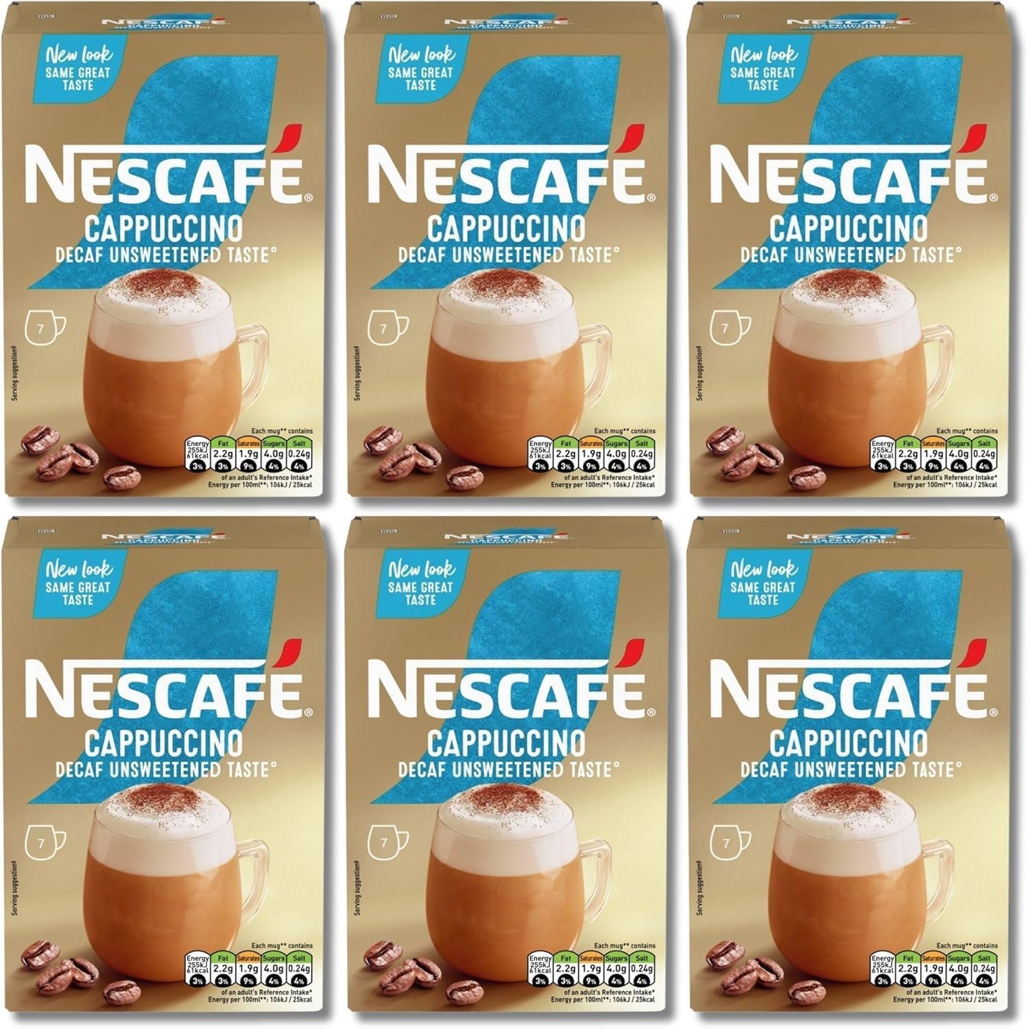 Nescafé front packaging showing 6 boxes of 7 sachets and total 42 sachets, clear convenience