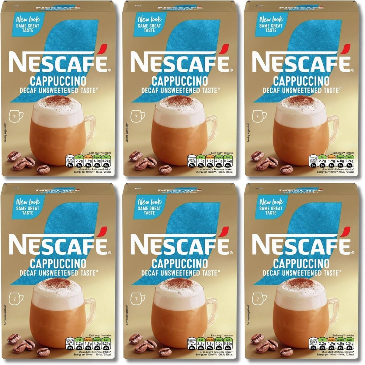 Nescafé front packaging showing 6 boxes of 7 sachets and total 42 sachets, clear convenience