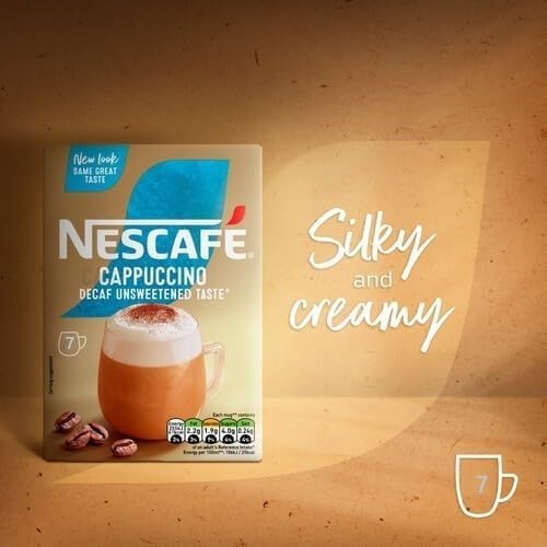 Nescafé close-up of a single decaf cappuccino sachet pouch, easy single-serve portability