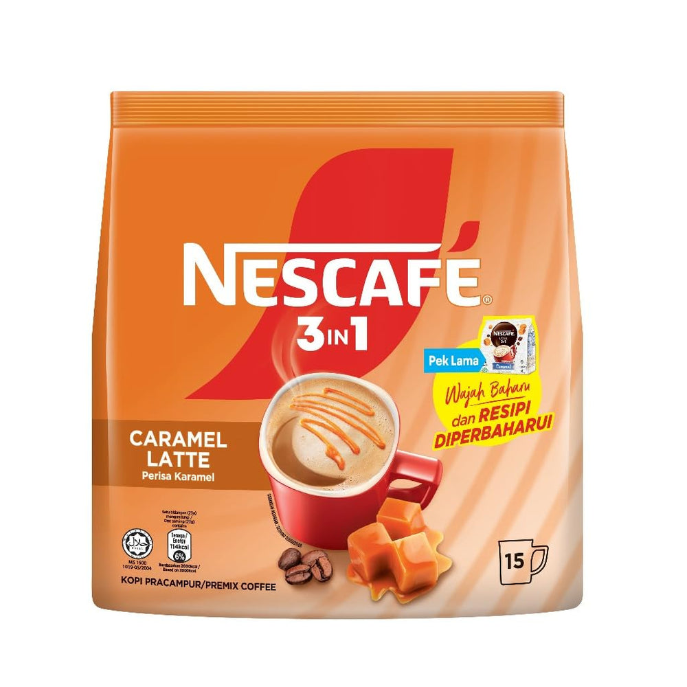 Nescafe caramel latte front packaging showing sticks and logo for easy identification and portability