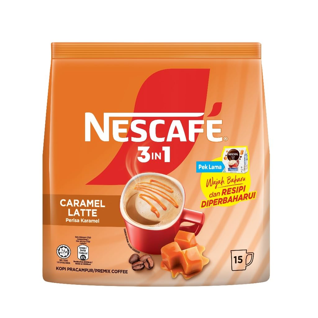 Nescafe caramel latte front packaging showing sticks and logo for easy identification and portability