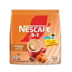Nescafe caramel latte front packaging showing sticks and logo for easy identification and portability