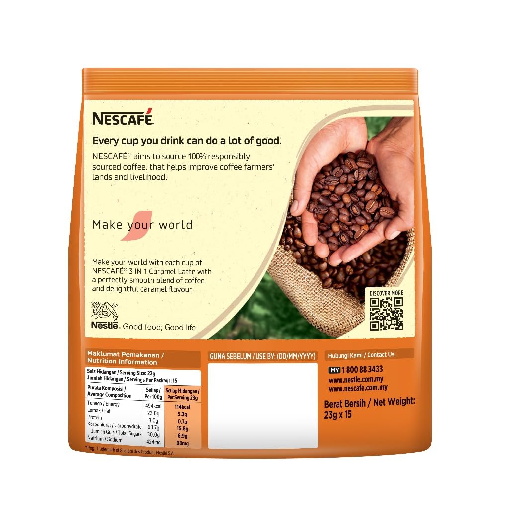 Nescafe caramel latte single stick opened with powder visible highlighting convenient single‑serve use