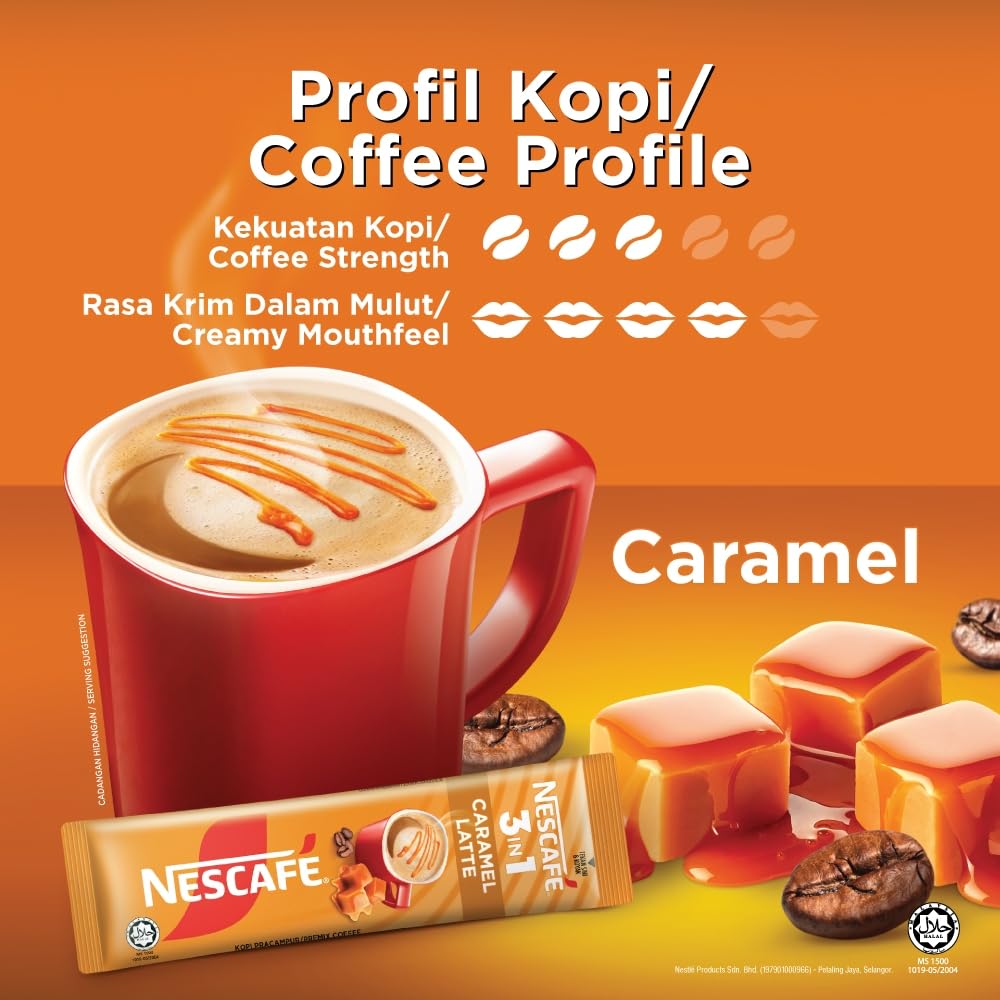 Nescafe caramel latte stick held in hand for scale illustrating travel‑ready portion and grab‑and‑go convenience