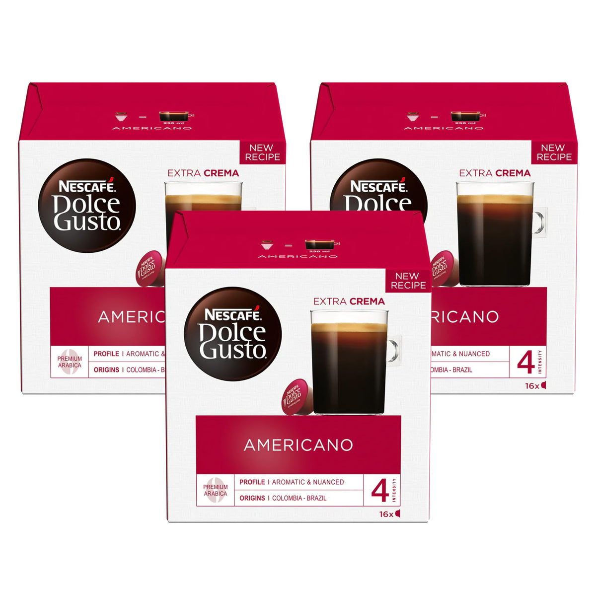 Nescafé Dolce Gusto front packaging showing Americano box, clear product ID and benefits