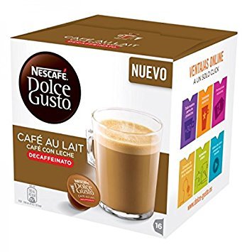 Nescafé Dolce Gusto box front showing capsules and creamy café au lait serving benefit
