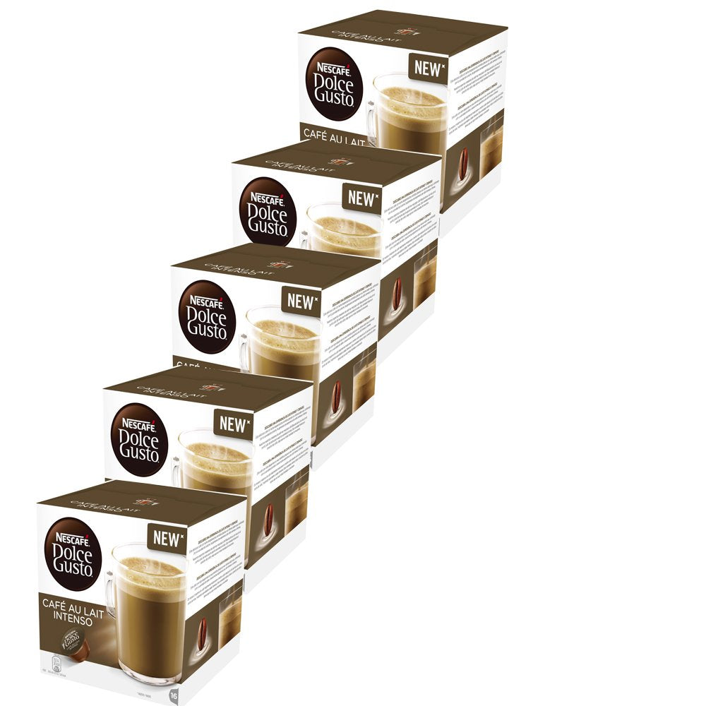 Nescafé Dolce Gusto front packaging showing 5 x 16 capsule boxes and bold label benefit