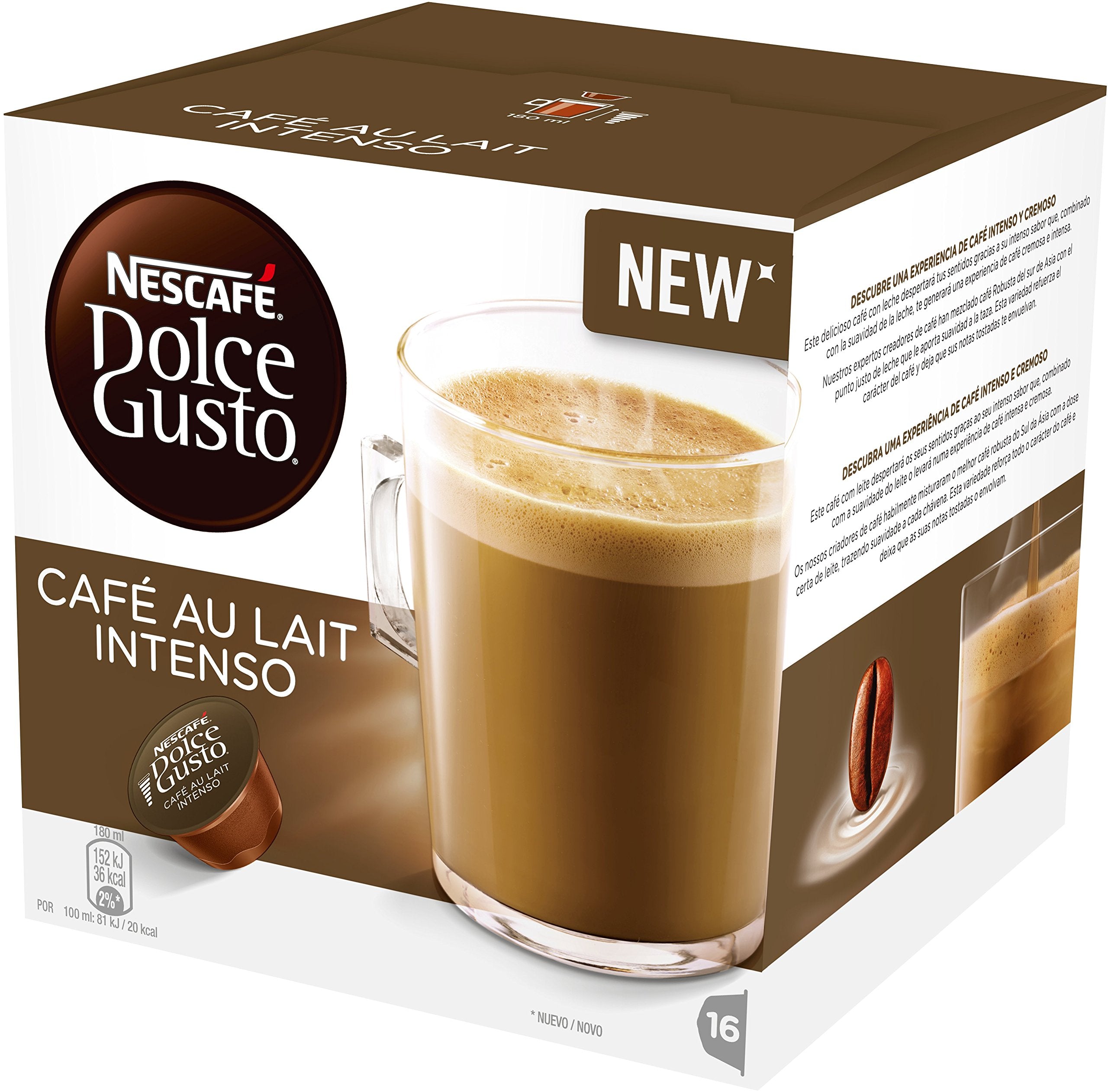 Nescafé Dolce Gusto brewed cafe au lait pouring into cup, creamy texture and rich flavor