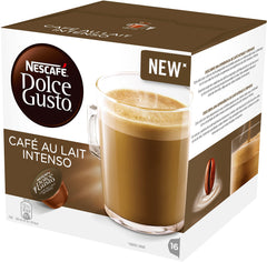 Nescafé Dolce Gusto brewed cafe au lait pouring into cup, creamy texture and rich flavor