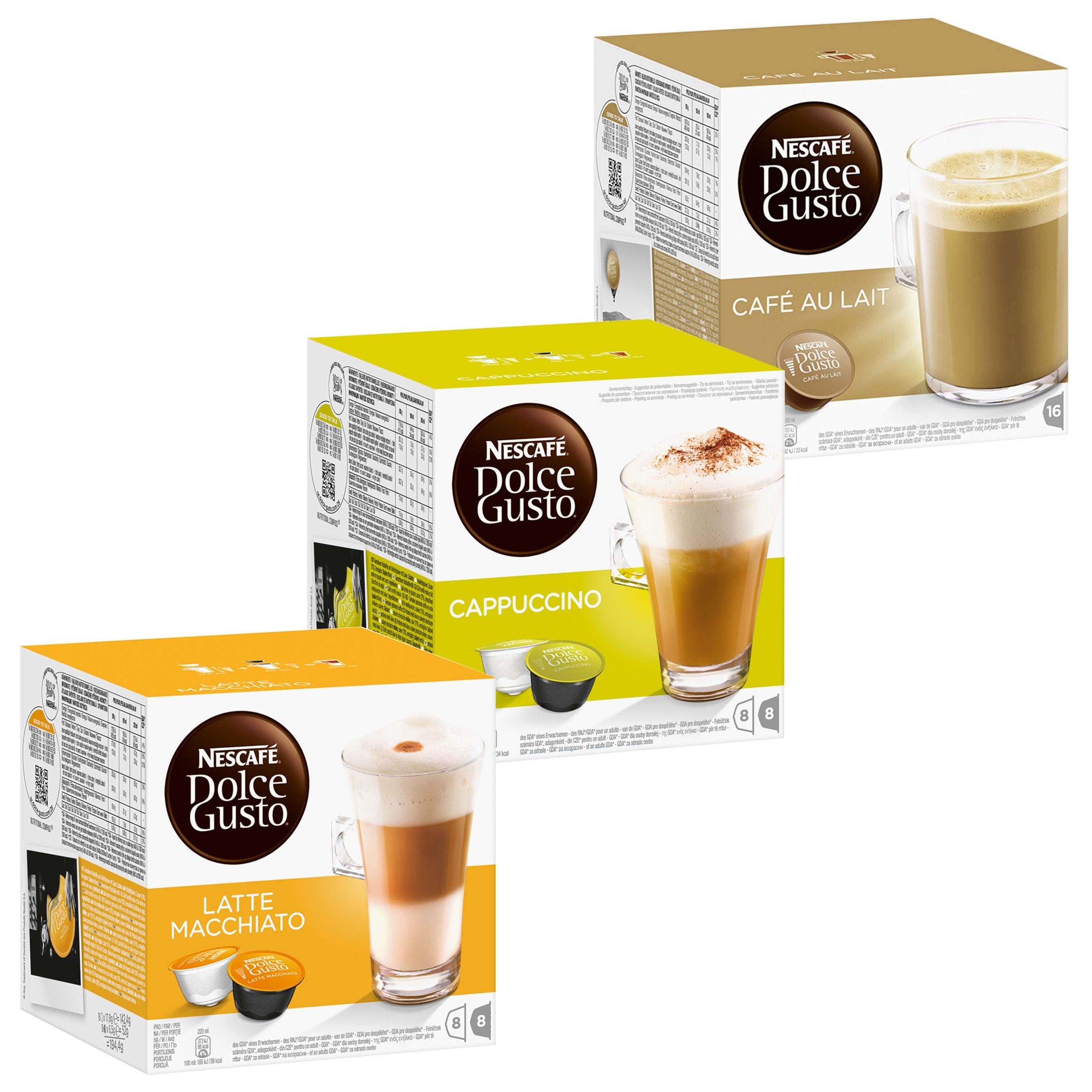 Nescafé Dolce Gusto front packaging showing three capsule varieties and benefits