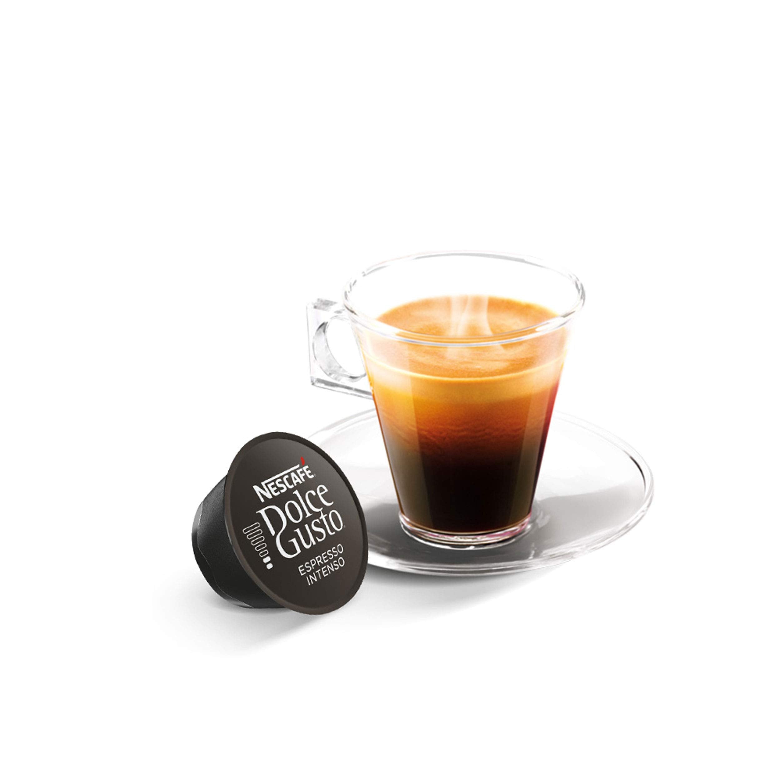 Nescafé Dolce Gusto pack beside a cup to show size and portion benefit