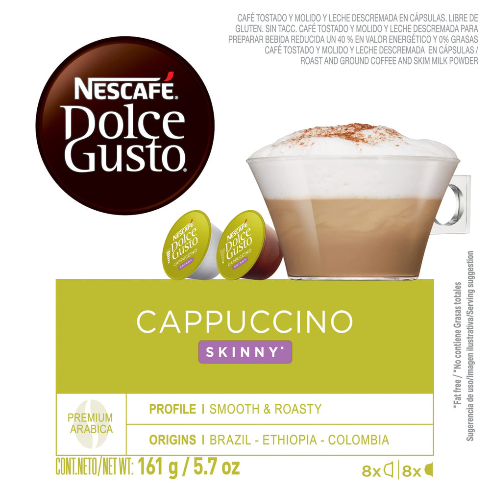 Side label of Nescafé Dolce Gusto pack showing ingredient and calorie information benefit