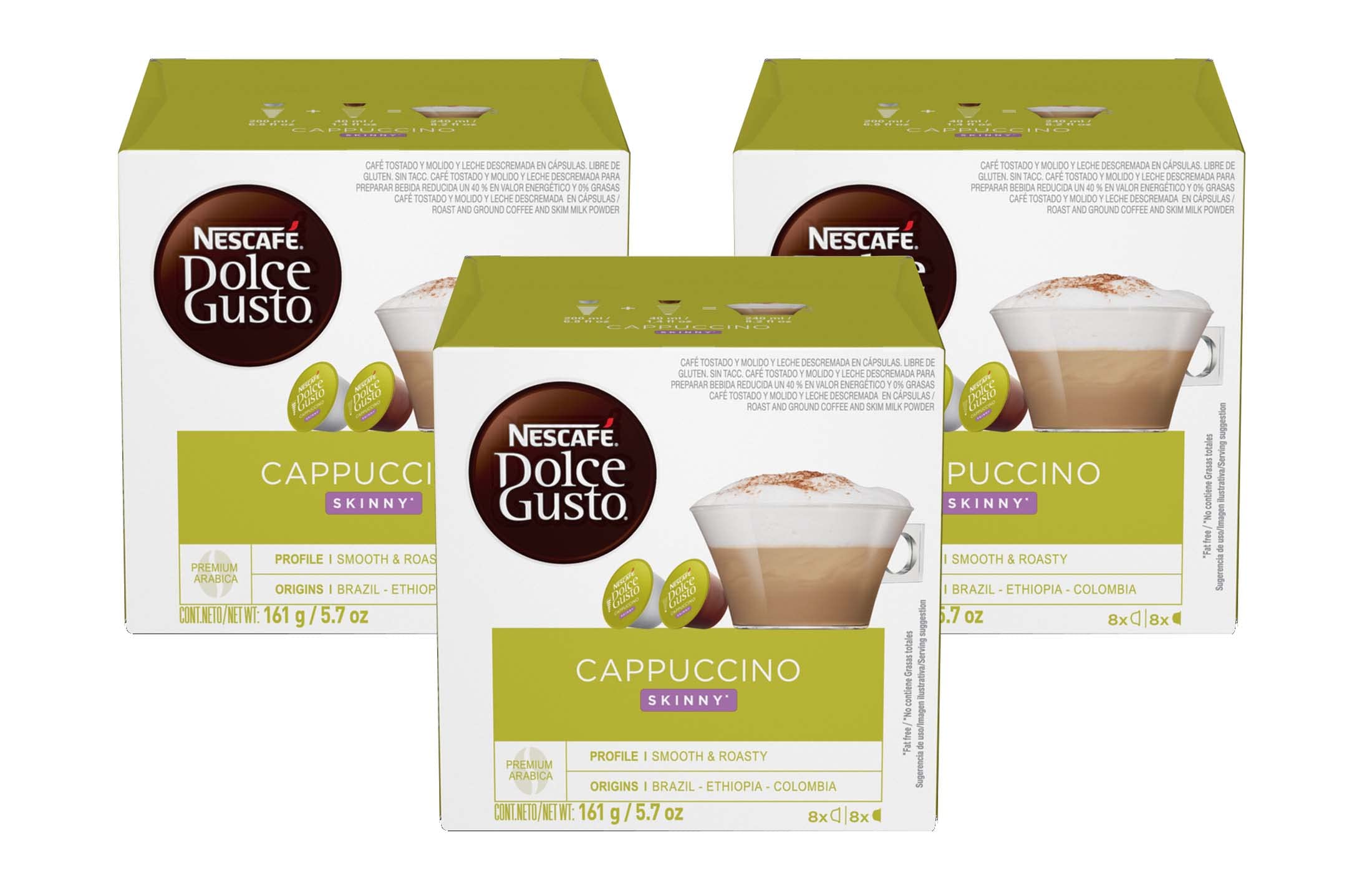 Nescafé Dolce Gusto pack front showing capsules and benefit of low-calorie cappuccino