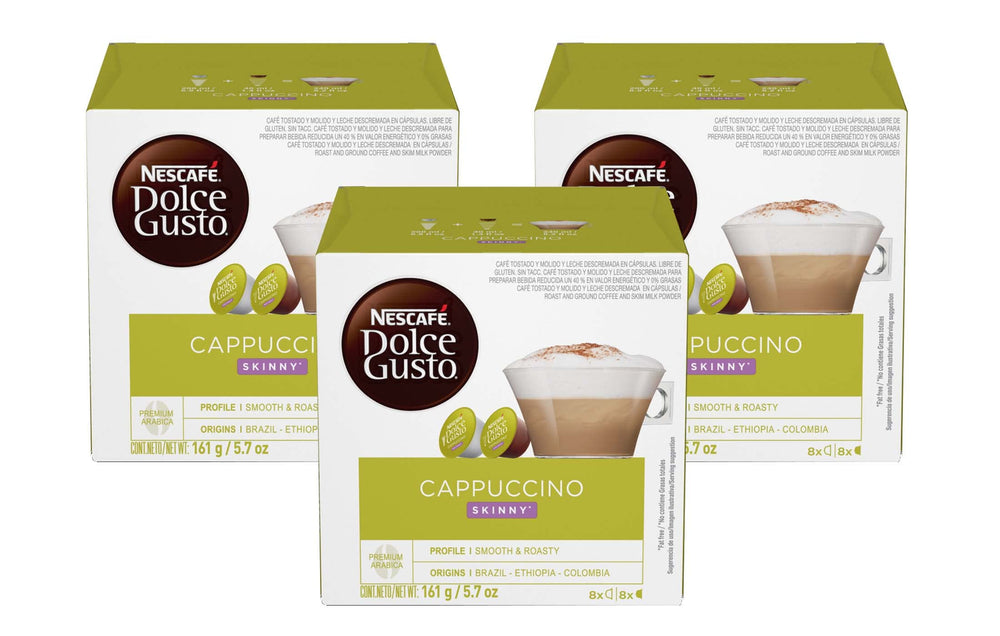 Nescafé Dolce Gusto pack front showing capsules and benefit of low-calorie cappuccino