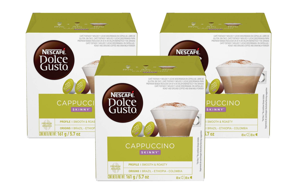 Nescafé Dolce Gusto pack front showing capsules and benefit of low-calorie cappuccino