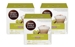 Nescafé Dolce Gusto pack front showing capsules and benefit of low-calorie cappuccino
