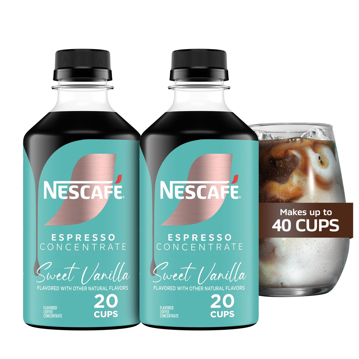 Nescafe front packaging of two bottles showing convenience and cafe-quality