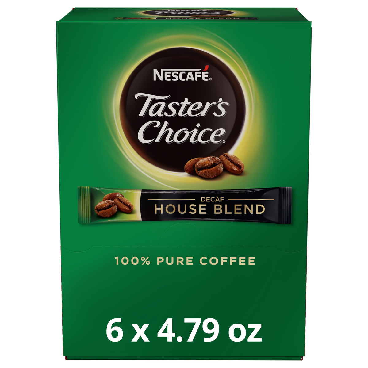 Nescafe front packaging showing 80 single-serve decaf sticks and brand clarity