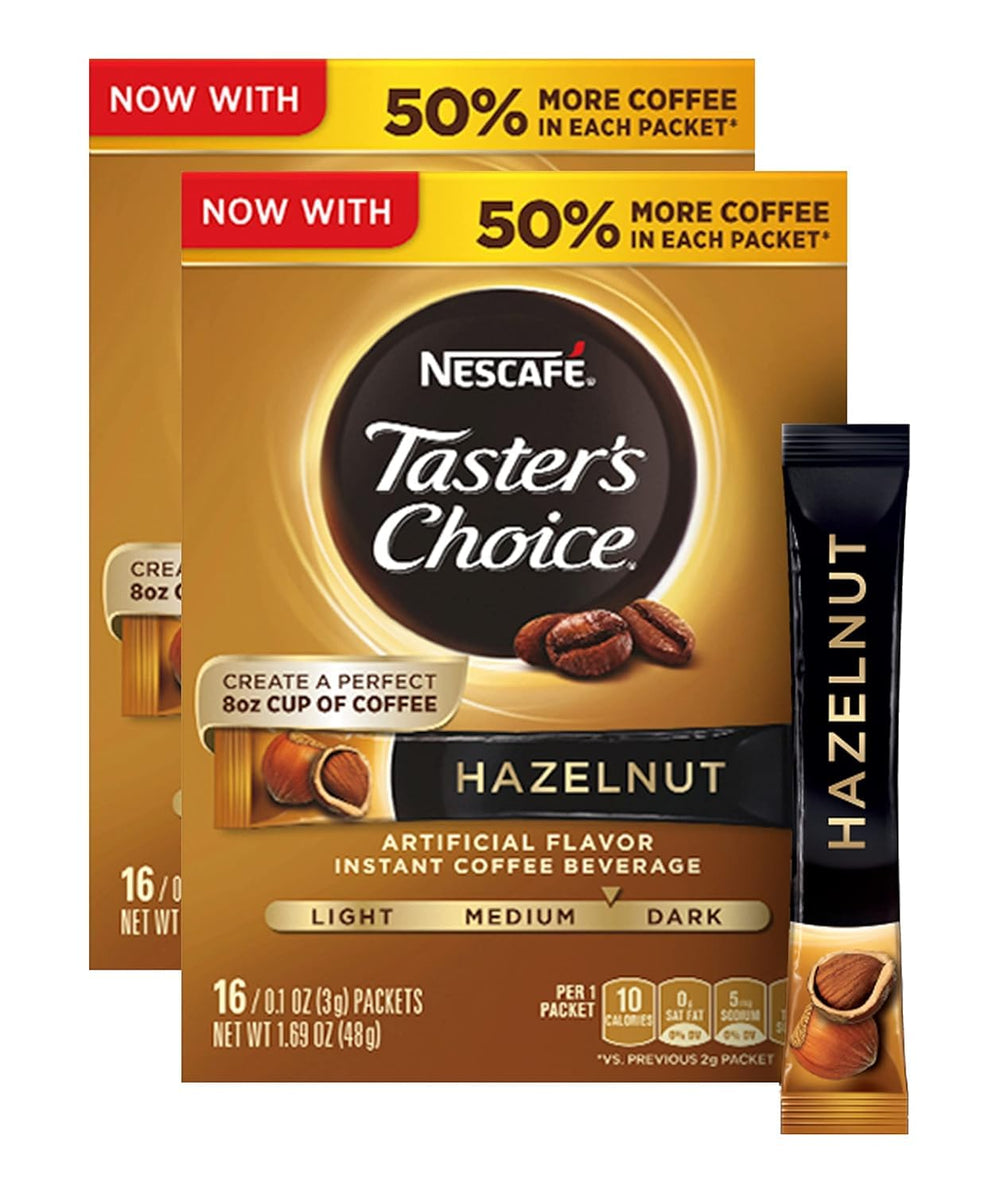 Nescafé front packaging showing hazelnut packets and brand clarity, convenient portioning