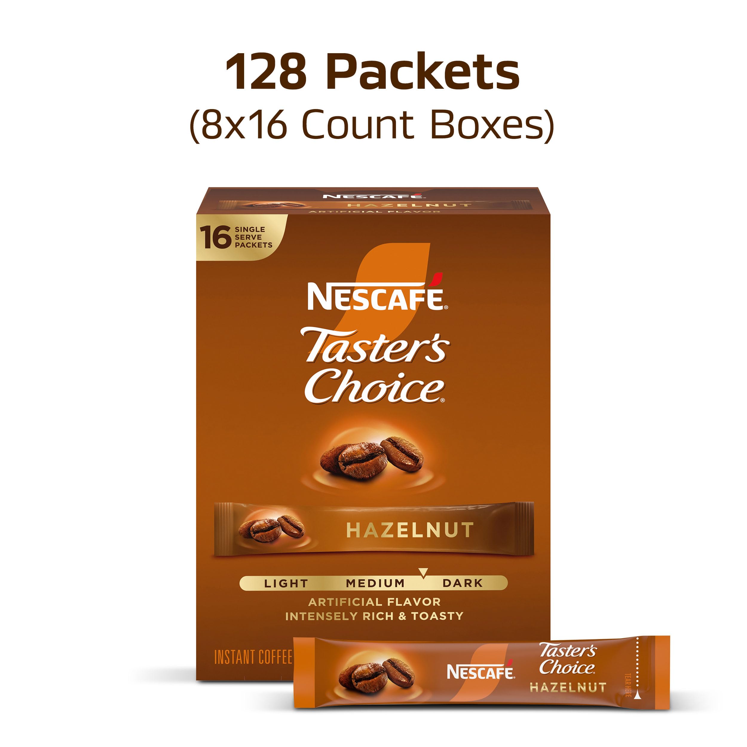NESCAFÉ single-serve hazelnut packet close-up for quick single cups