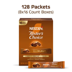 NESCAFÉ single-serve hazelnut packet close-up for quick single cups