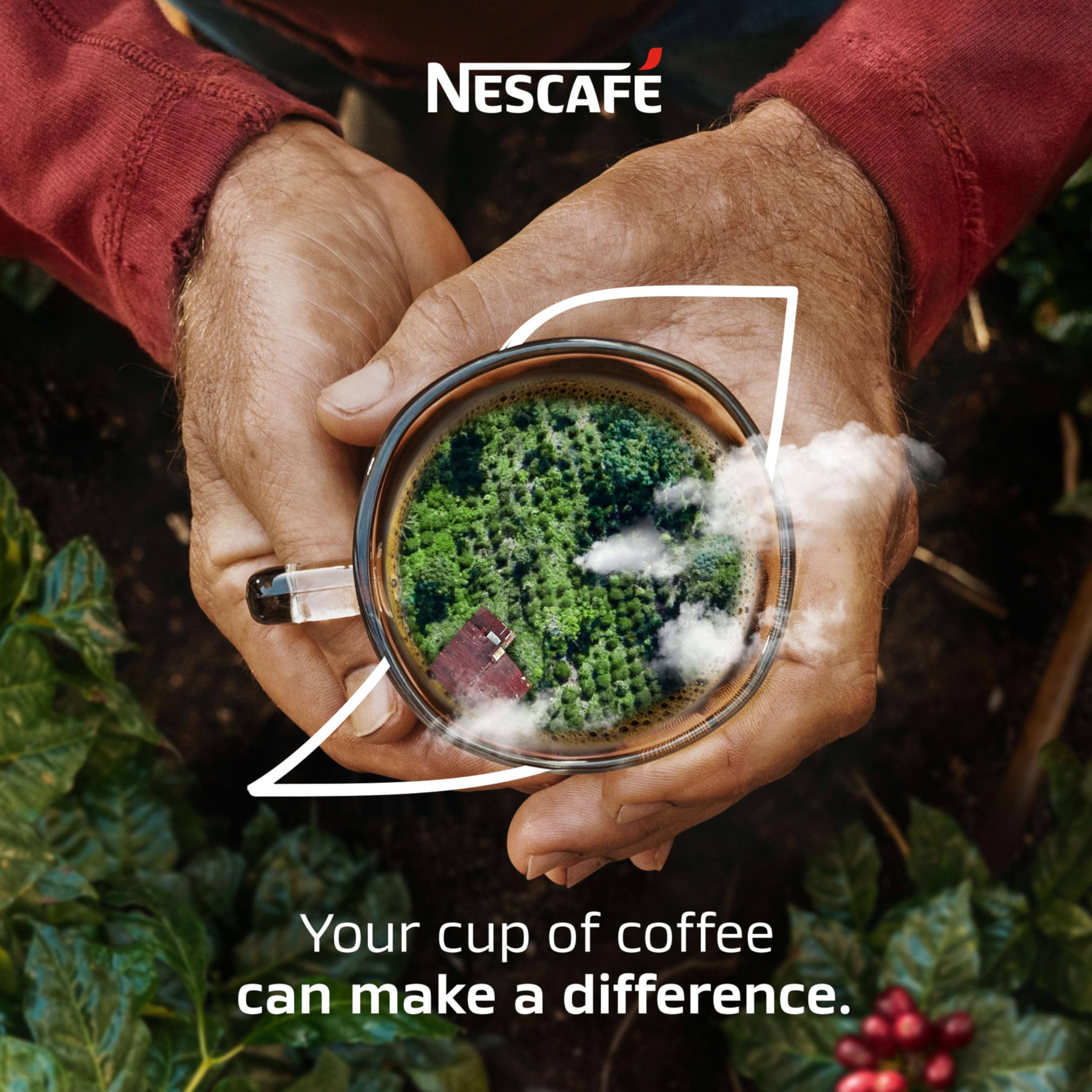 Nescafe product label detail emphasizing decaf light roast and sourcing benefit