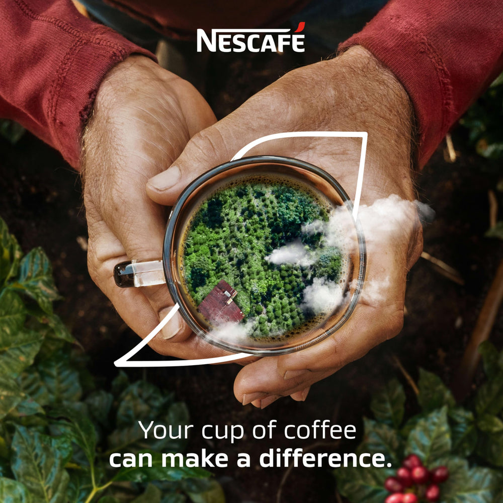 Nescafe product label detail emphasizing decaf light roast and sourcing benefit