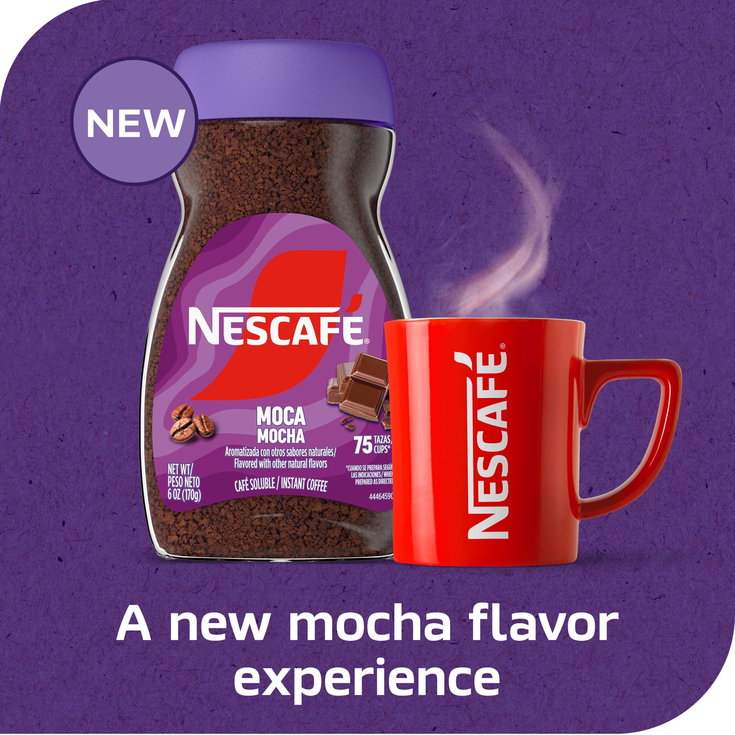 Nescafé Mocha open jar with granules displaying soluble texture for fast mixing