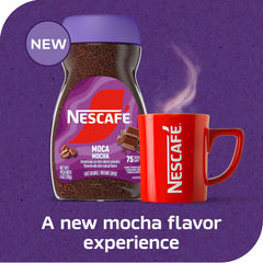 Nescafé Mocha open jar with granules displaying soluble texture for fast mixing