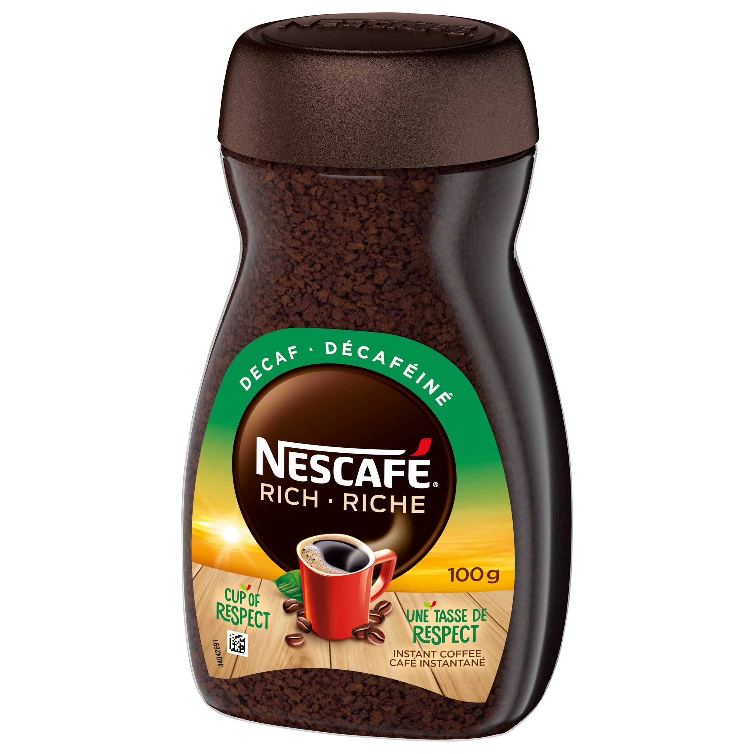 NESCAFÉ Rich decaffeinated close-up label emphasizing 100% natural beans and no additives
