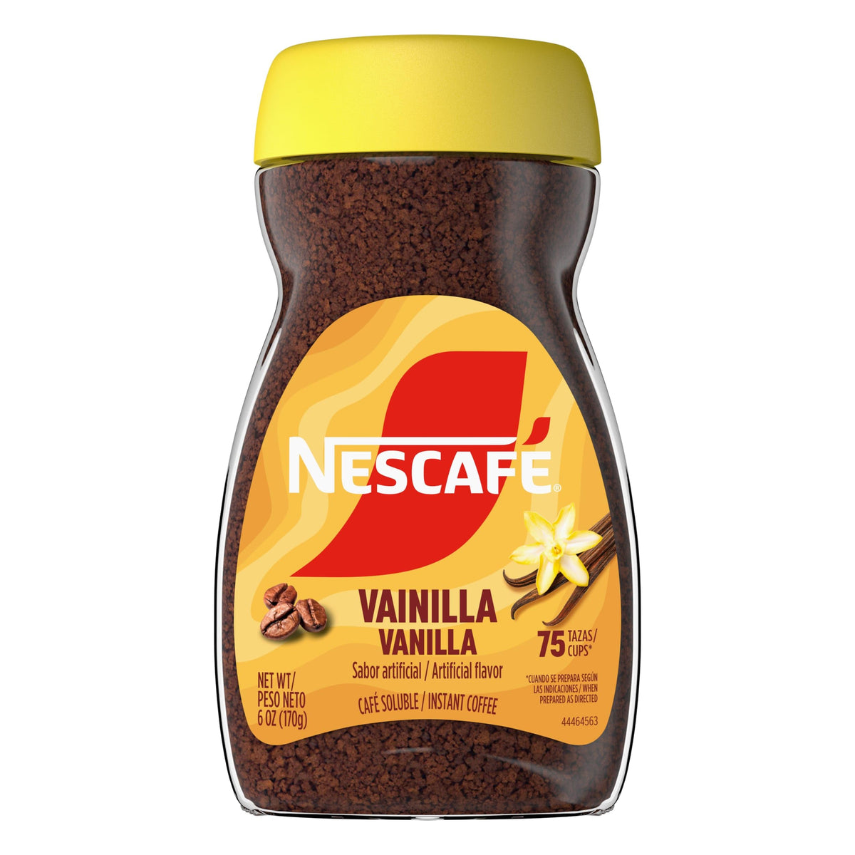 Nescafé jar front label showing vanilla flavor and 6 oz benefit