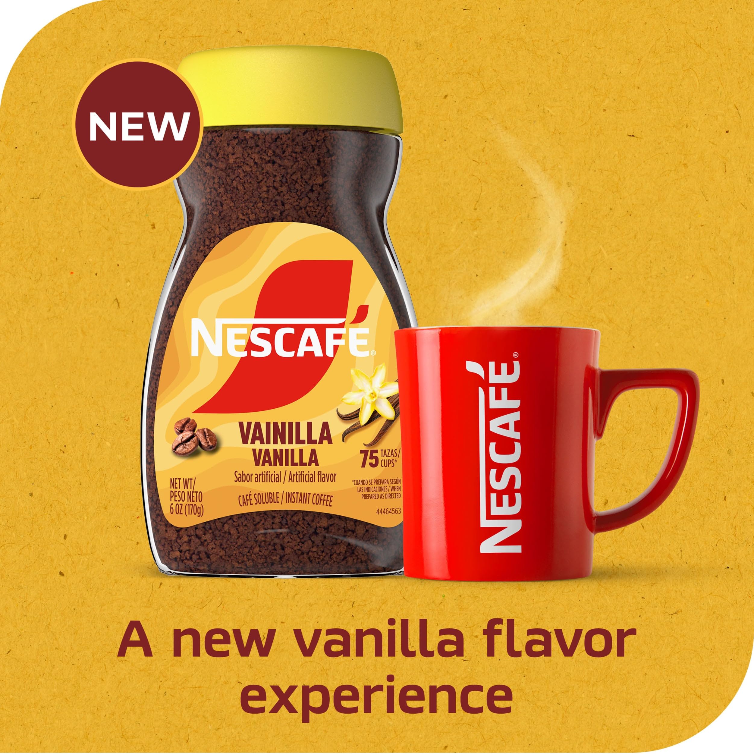 open Nescafé jar revealing instant coffee granules and easy scoop benefit