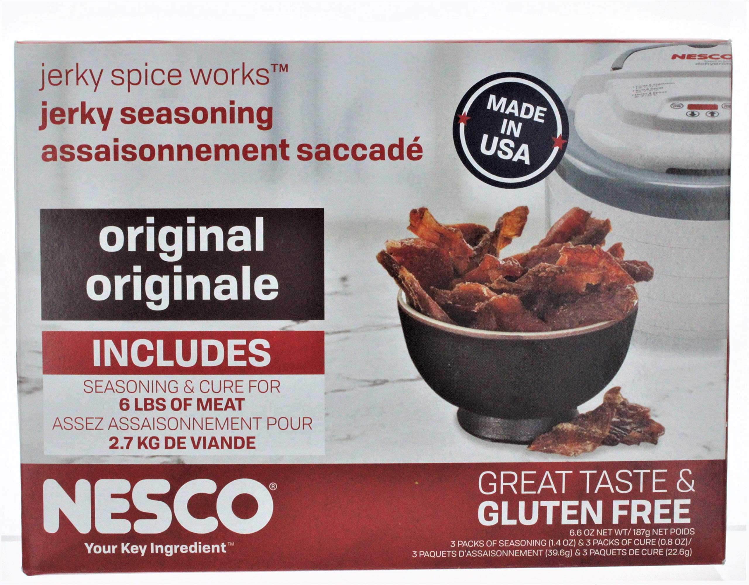 NESCO front packaging showing three seasoning and three cure packs, easy portioning