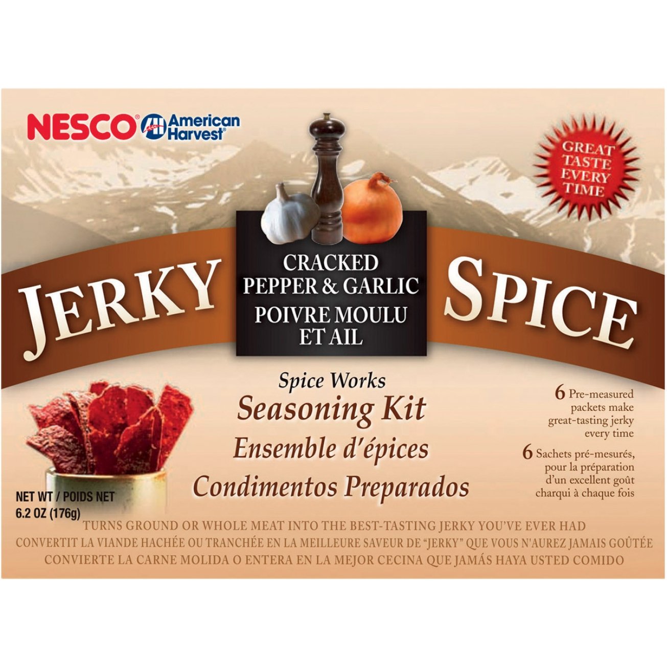NESCO front pack showing cracked pepper and garlic flavor, clear portion sizes benefit