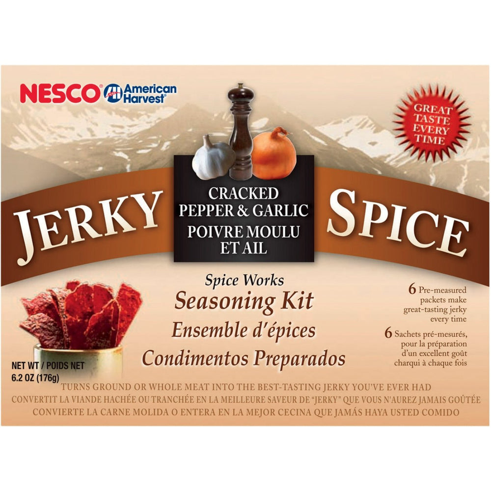 NESCO front pack showing cracked pepper and garlic flavor, clear portion sizes benefit