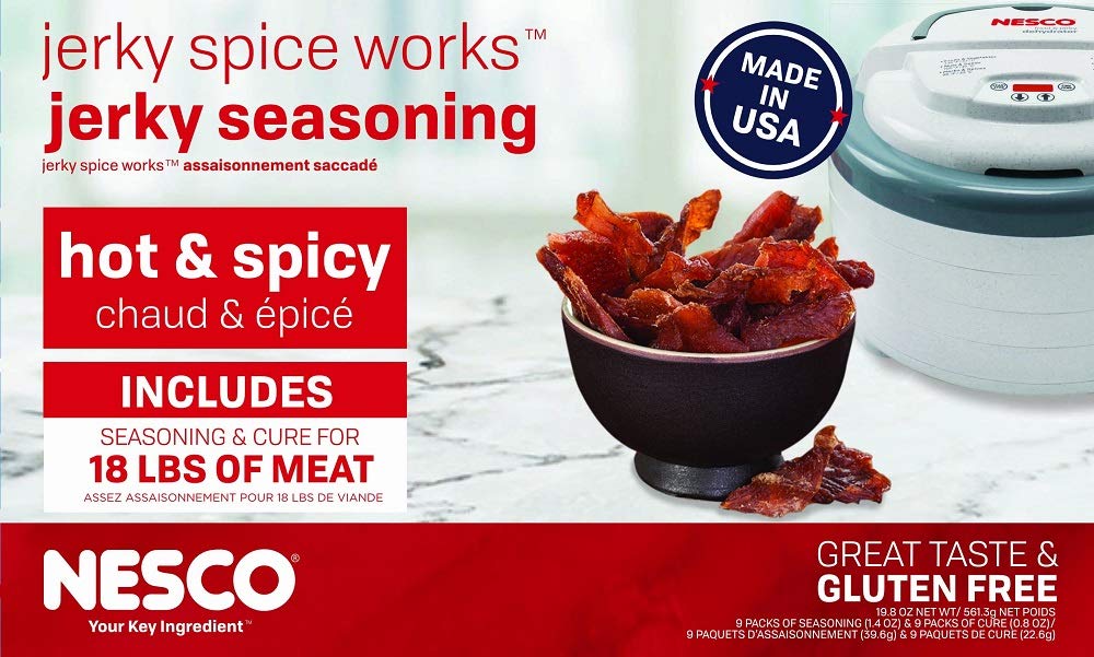 NESCO HJ-18 front packaging showing nine hot and spicy jerky pouches for easy snacking