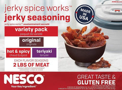 NESCO front packaging showing three flavor packets and suggested meat yield